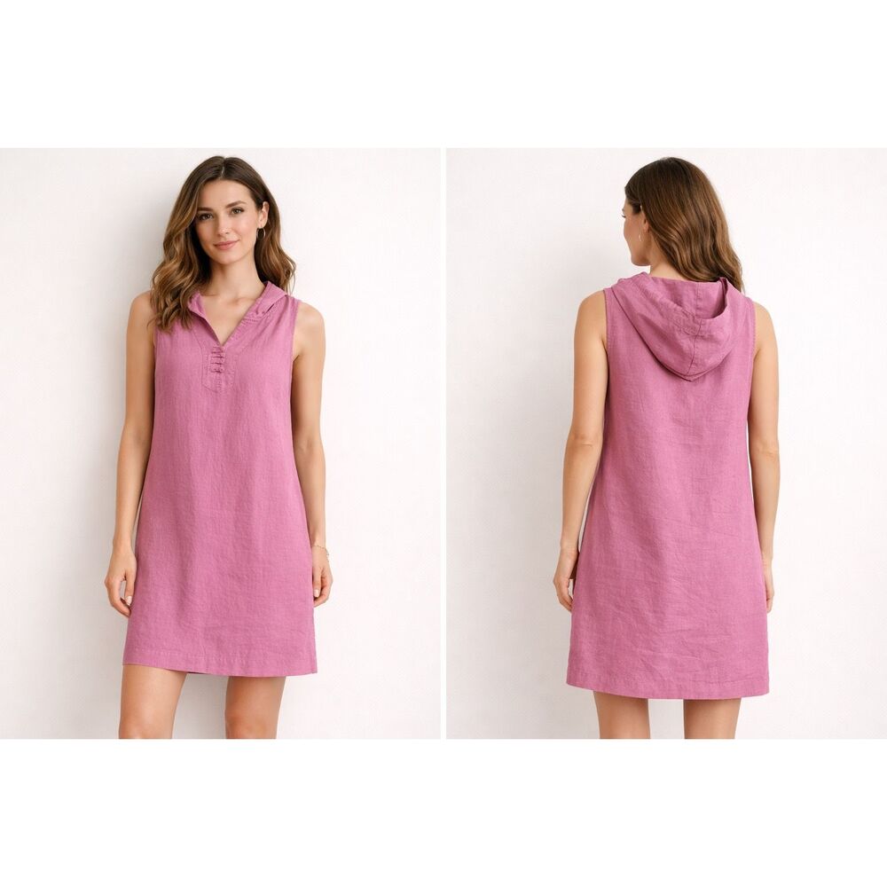 Womens Pink Linen Hooded Shift Dress Sleeveless Medium